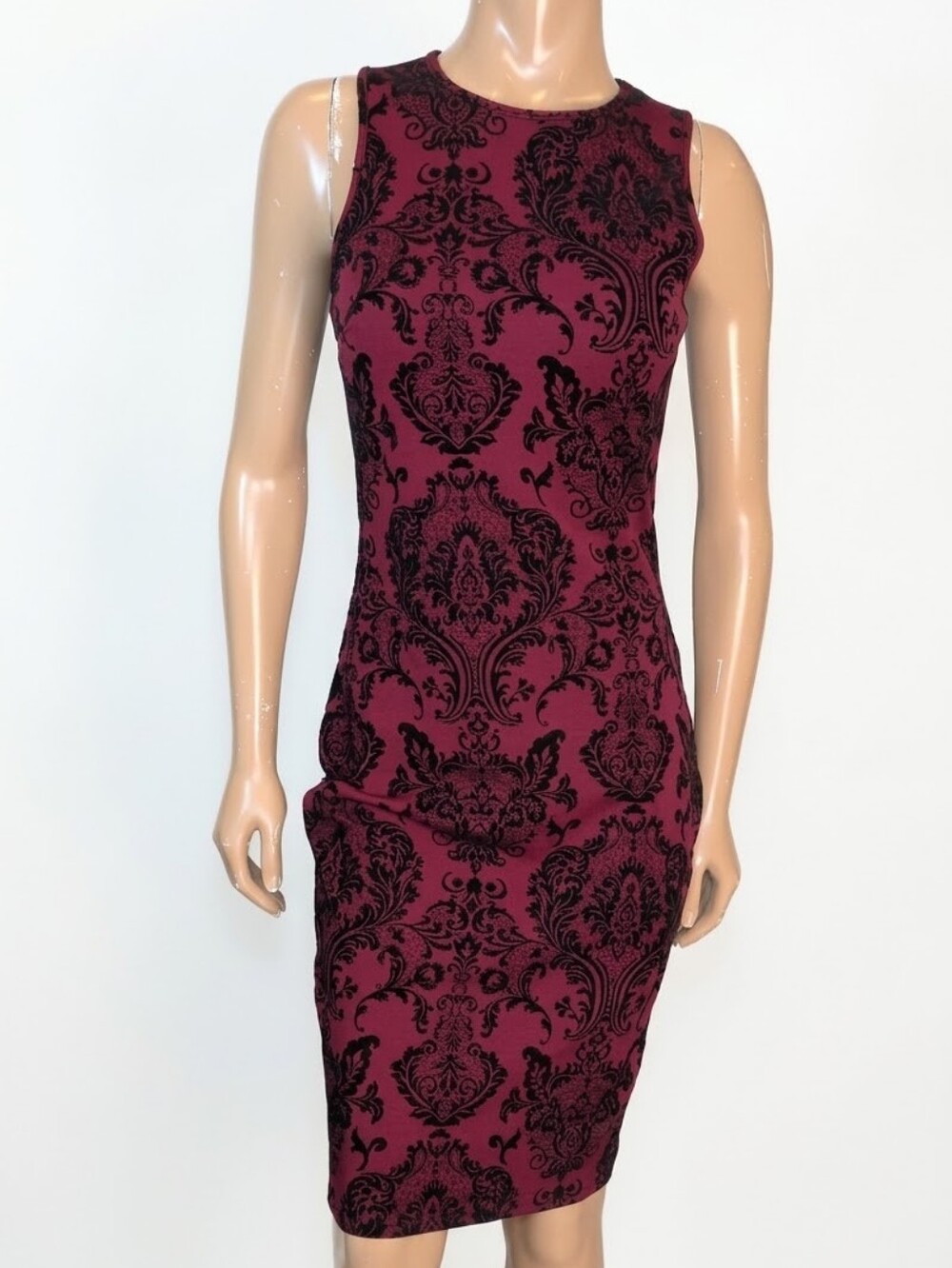 Atmosphere Maroon and Black Damask Velvet Flocked Bodycon Dress US Size 10 Vamp